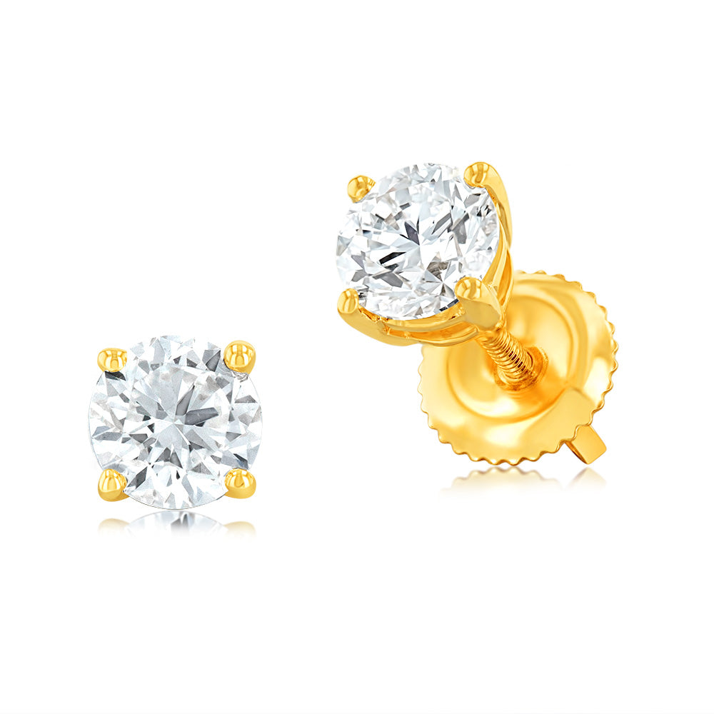14ct Yellow Gold Lab-Grown 1 Carat Diamond Screwback Elegant Solitaire Stud Earrings