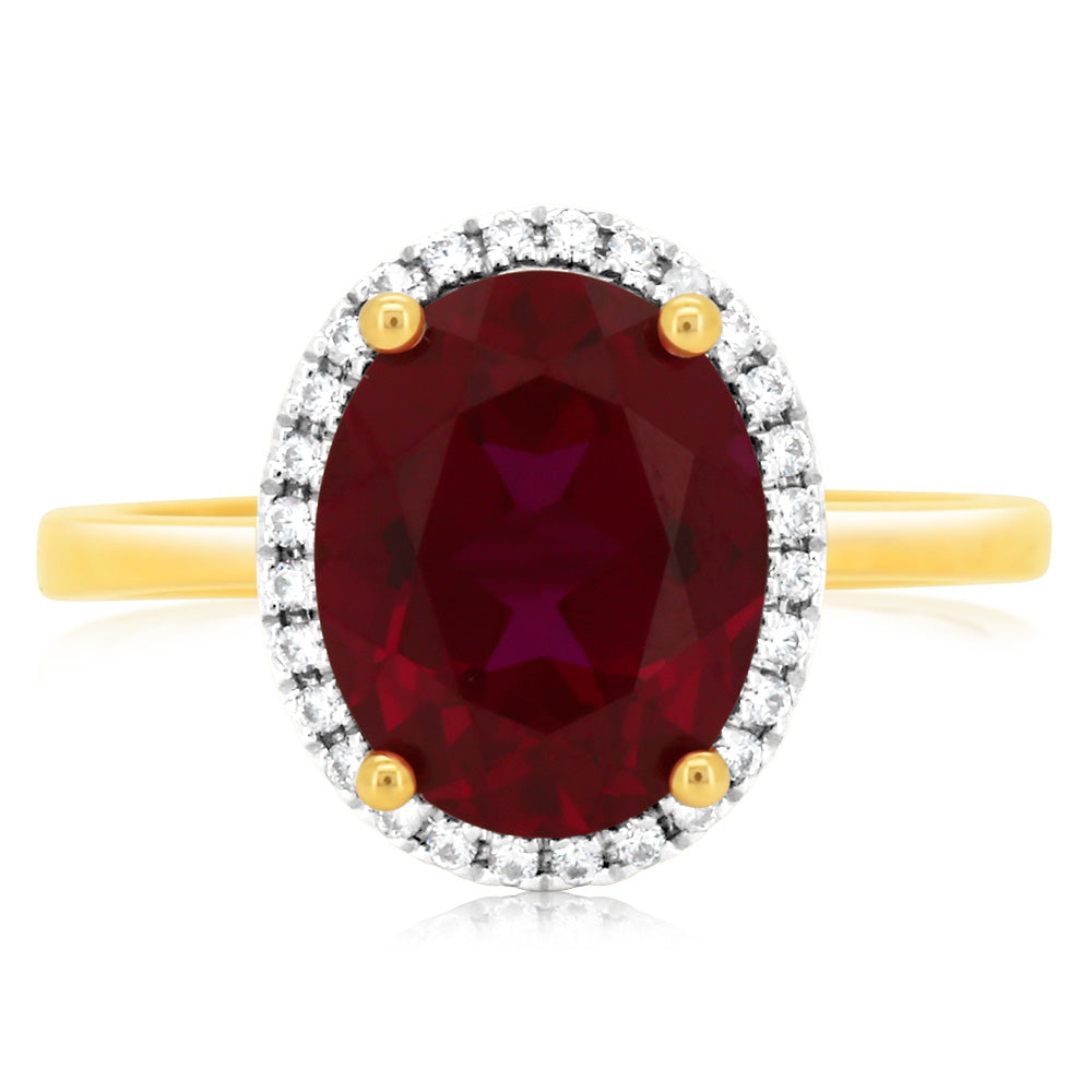 2.9-Carat Created Ruby & 28 Cubic Zirconia 9ct Yellow Gold Ring