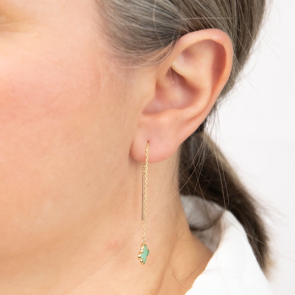 Exquisite 9 Carat Yellow Gold Malachite Clover Design Threader Drop Earrings - A Jewelry Piece