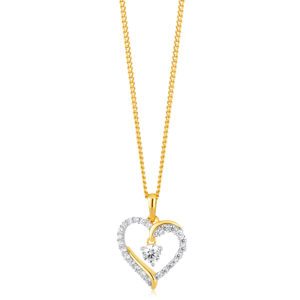 9ct Yellow Gold Heart-Shaped Pendant Adorned with Cubic Zirconia Gemstones