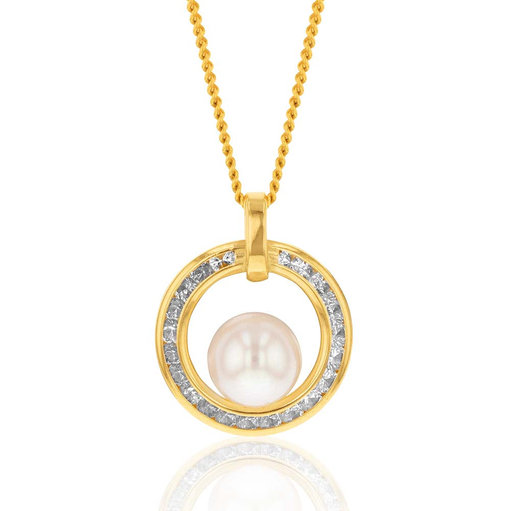Stunning 9 Carat Yellow Gold 6mm Freshwater Pearl and Cubic Zirconia Necklace Pendant