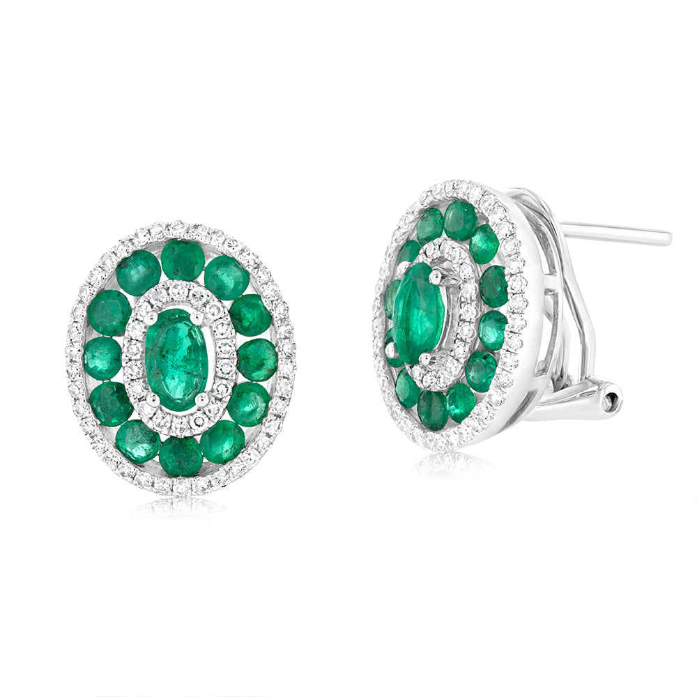 Stylish 9ct White Gold Fancy Earrings with Emeralds and Diamonds