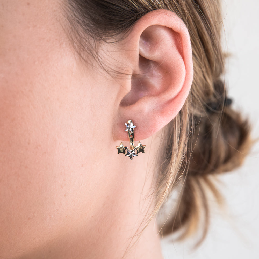 Stylish 9ct Two - Tone Yellow And White Gold Stars Earjacket Earrings for Fashionable Women