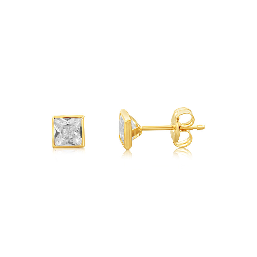 9ct Yellow Gold 4X4mm Square Bezel-Set Cubic Zirconia Stud Earrings - A Timeless Jewelry Accessory