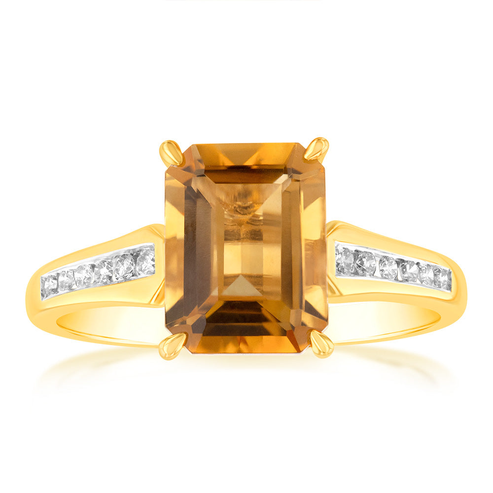 Stunning 9ct Yellow Gold Ring Featuring Emerald Cut Citrine and Channel Set Diamonds