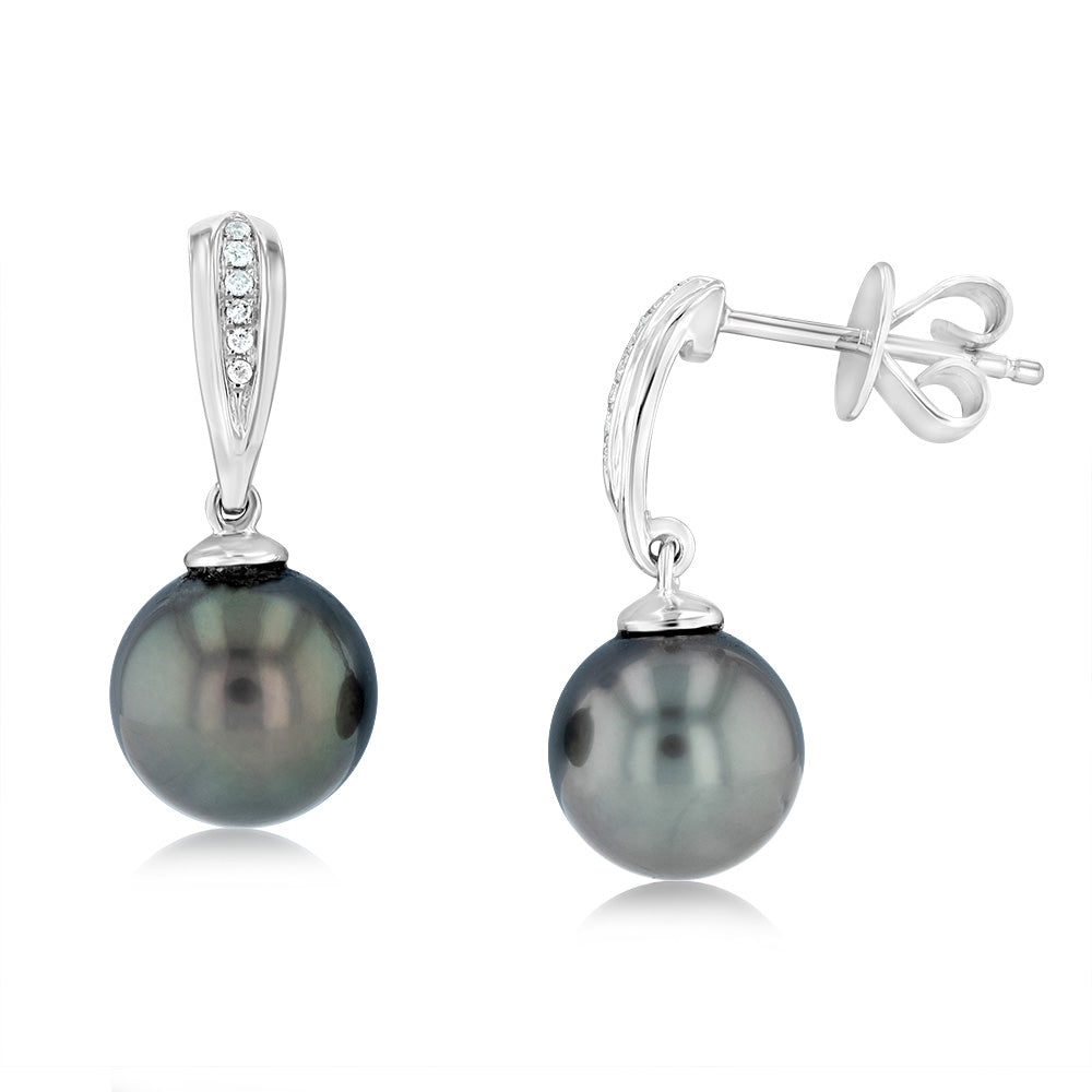 9ct White Gold Tahitian Black Pearl and Diamond Dangle Earrings - A Stunning Jewelry Piece