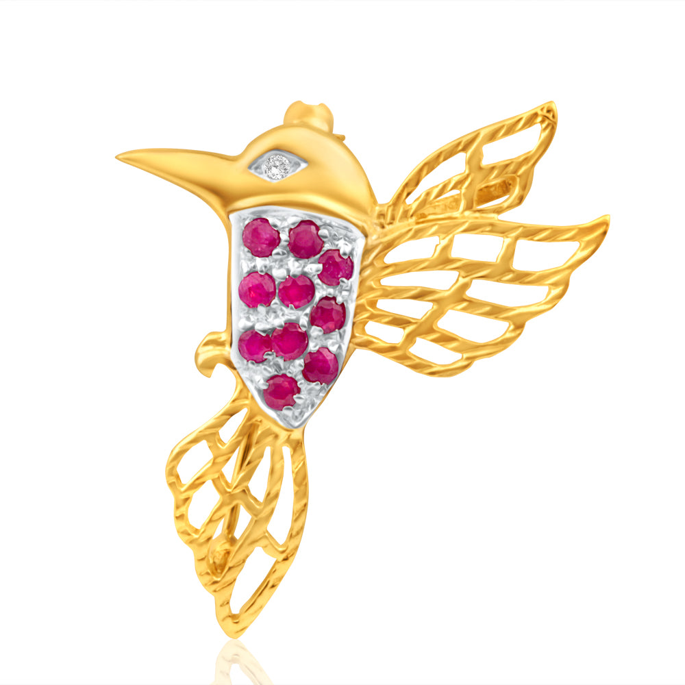 Exquisite 9ct Yellow Gold Natural Ruby and Diamond Hummingbird - Design Jewelry Brooch