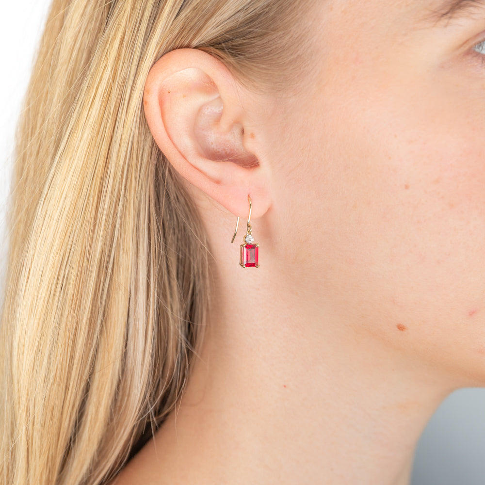Stunning 9ct Yellow Gold Earrings with Created 7x5mm Ruby and Diamond Drops