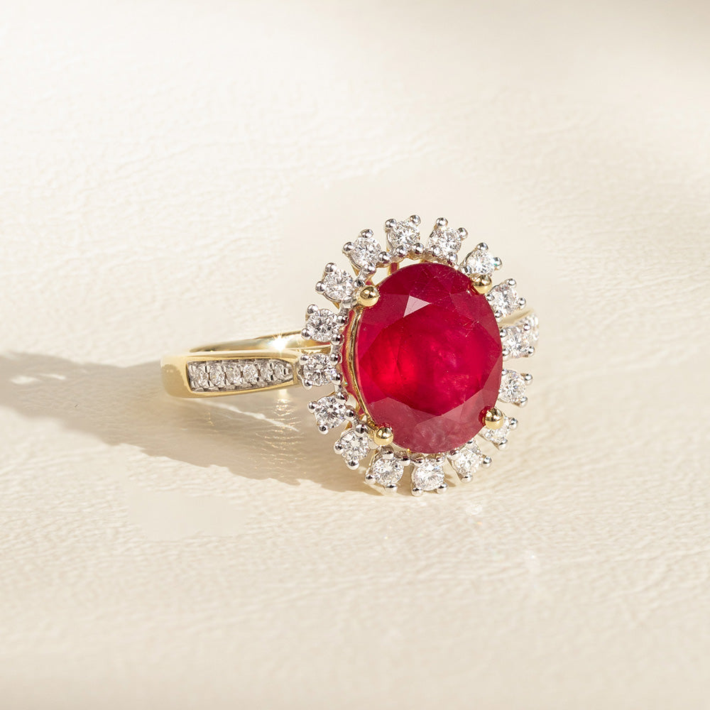 9ct Yellow Gold Ring Featuring 3 Carat Enhanced Natural Ruby and 1/3 Carat Diamonds