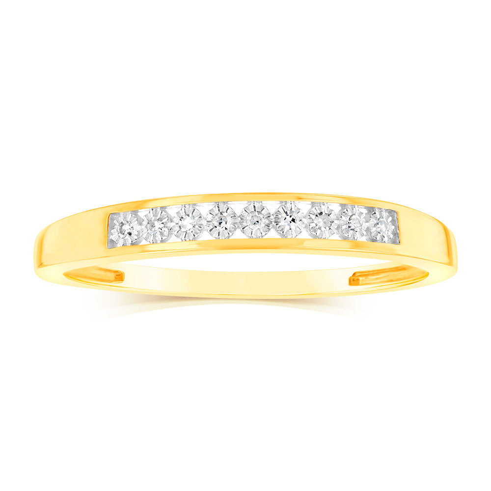 9ct Yellow Gold Classic Eternity Straight Engagement Ring Adorned with 9 Exquisitely Cut Brilliant Diamonds
