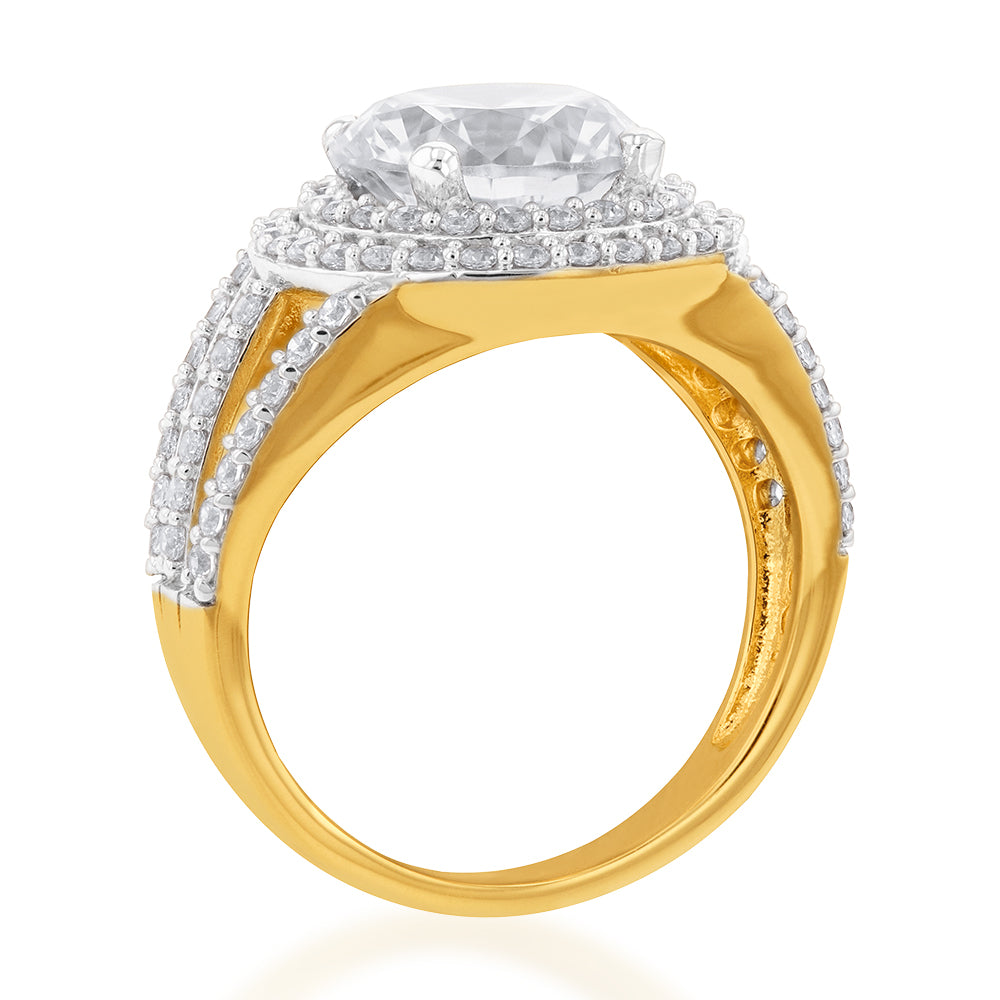 9ct Yellow Gold Round Double Halo Zirconia Split Band Engagement Ring for Women