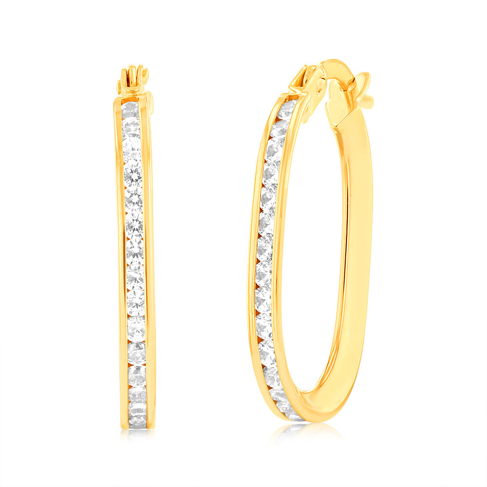 Exquisite 9ct Yellow Gold Double - Faced Zirconia - Adorned Elongated Hoop Earrings for Women's Jewelry Collection