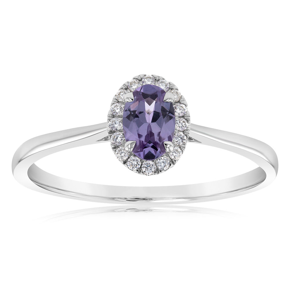 Stunning 9ct White Gold Oval Created Alexandrite with Diamond Halo Ring