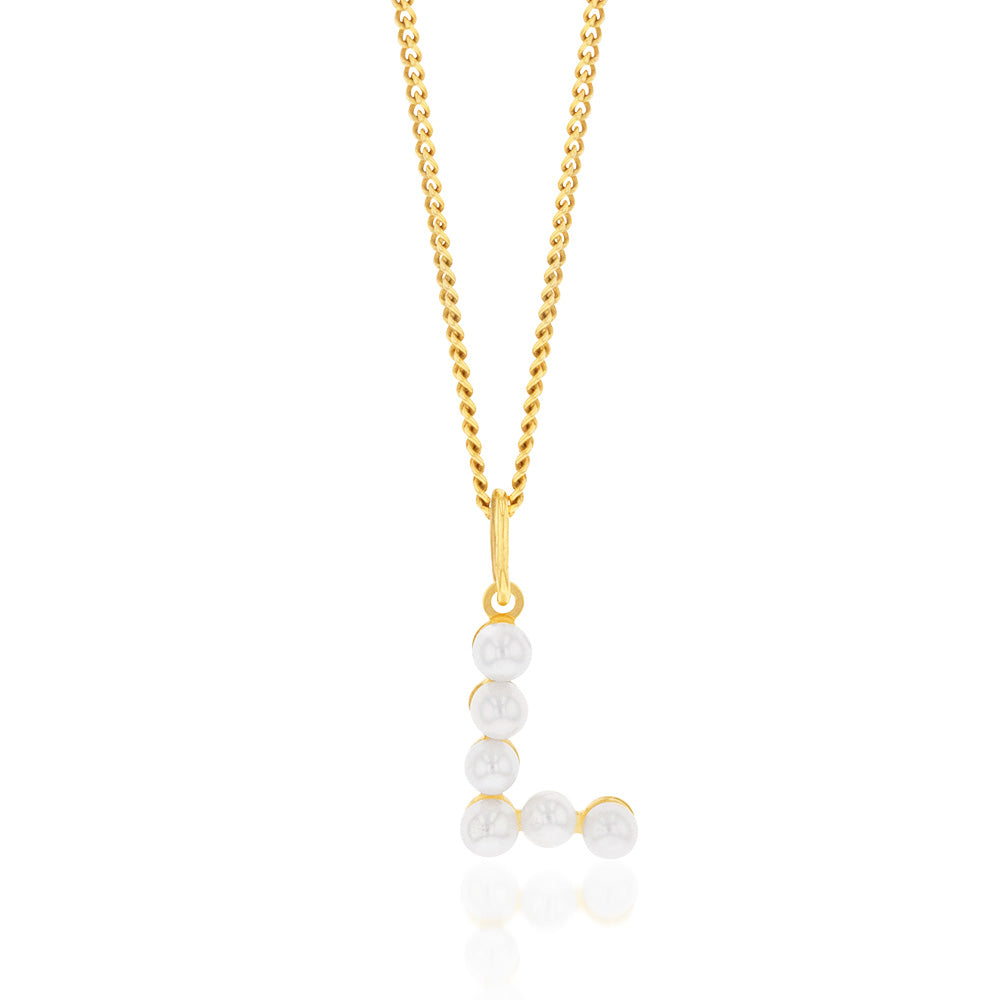 9 Carat Yellow Gold Freshwater Pearl Miniature Initial Letter L Pendant for Jewelry Lovers