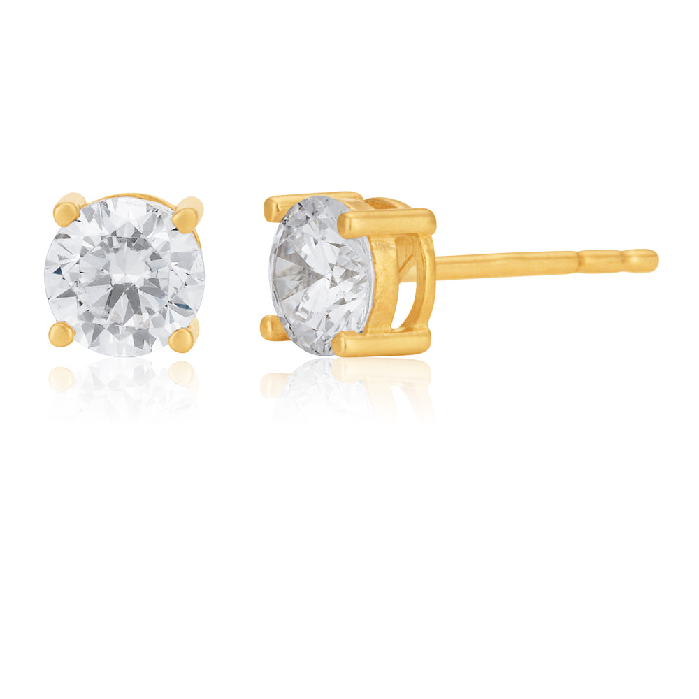 9ct Yellow Gold Stud Earrings with 5mm Cubic Zirconia Round Stones 3mm