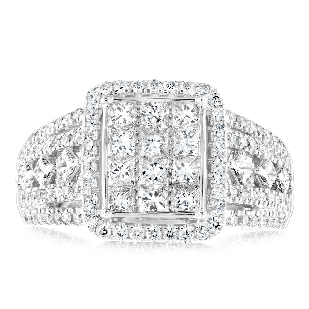 Exquisite 14-carat White Gold Engagement Ring Featuring 1.4 Carats of Princess and Brilliant Cut Diamonds