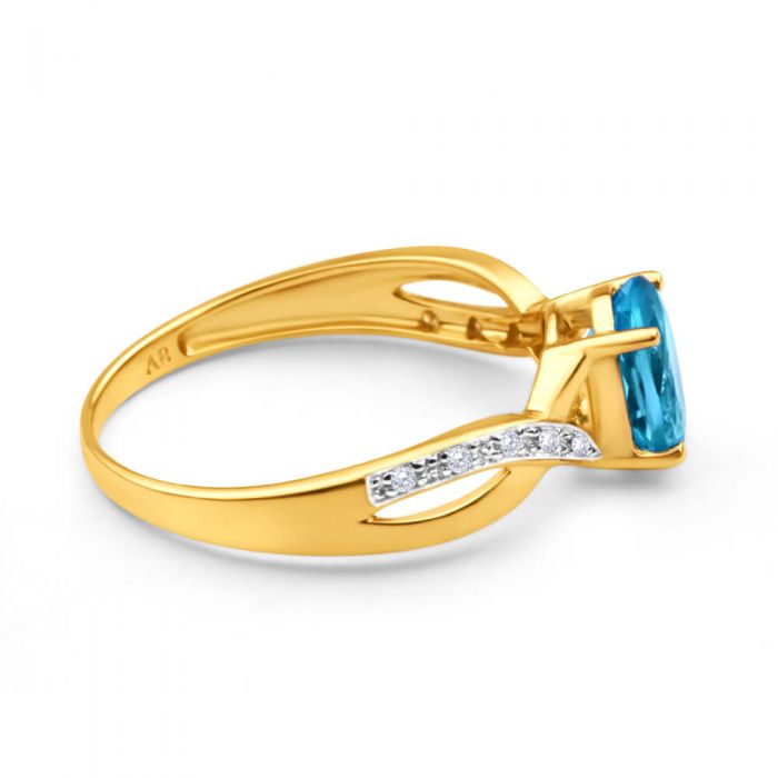 9ct Yellow Gold Ring with Cross-Over Design, Blue Topaz and Diamonds