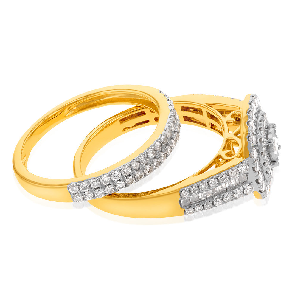9 Carat Yellow Gold 1 Carat Diamond Cushion Shape Cluster Style Bridal Two - Ring Jewelry Set