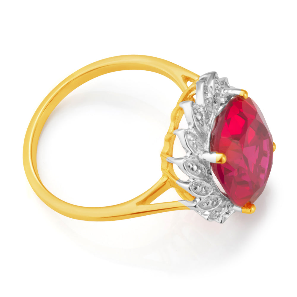 Stunning 9ct Yellow Gold Ring with Lab - Created Rubies and Diamonds