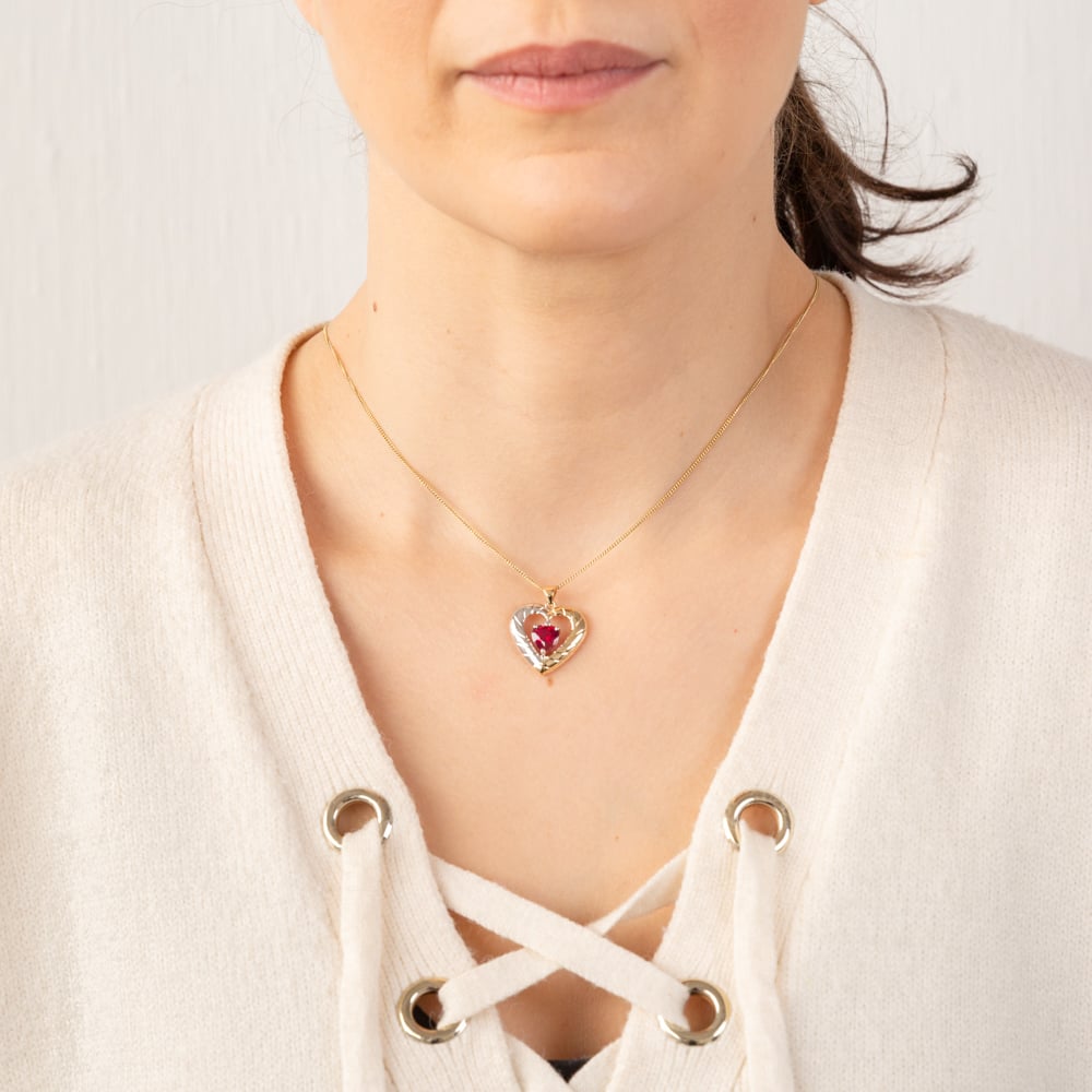 Exquisite 9ct Yellow and White Gold Pendant with a Created Ruby in the Shape of a Heart