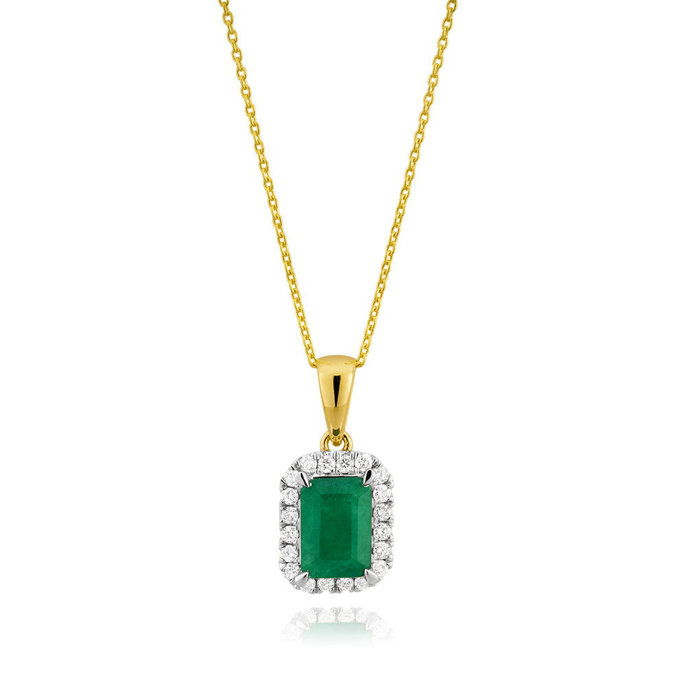 1 Carat Exquisite Natural Emerald and Sparkling Diamond Pendant with a 45cm Chain Crafted in 9ct Yellow Gold, a Fine Piece of Jewelry