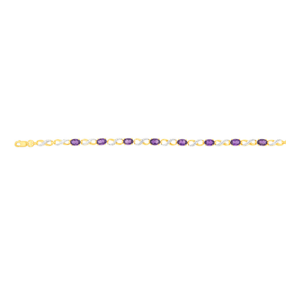 Stunning 9ct Yellow Gold Bracelet Featuring Natural Amethyst and Diamonds in an Infinity Design
