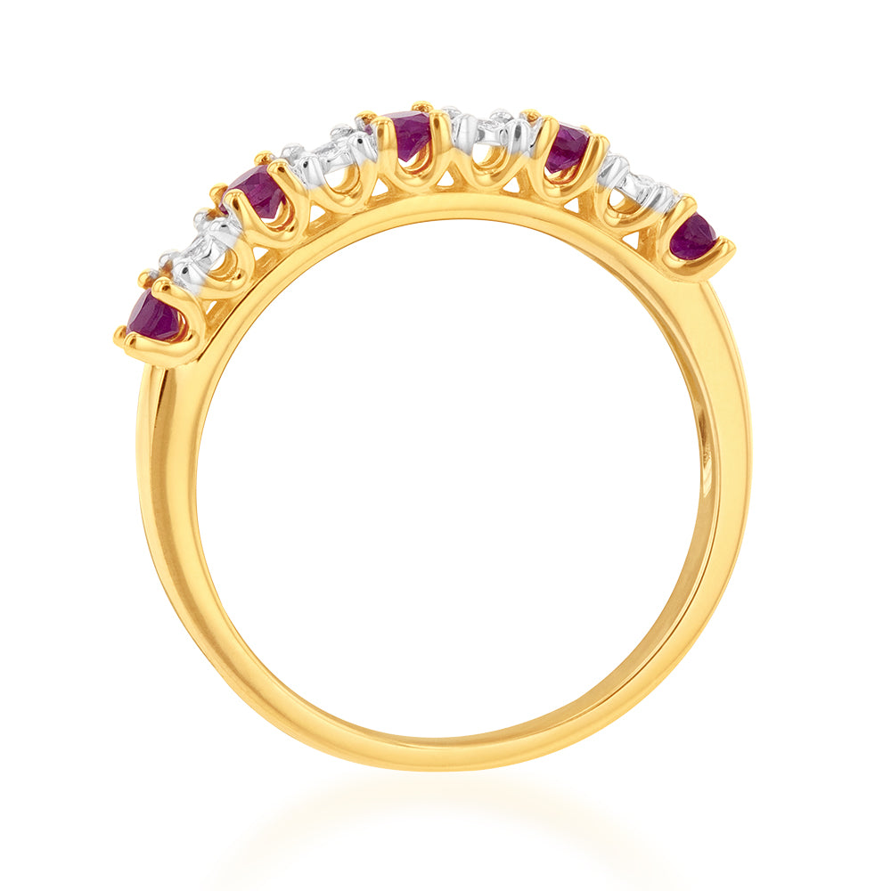 9-carat Yellow Gold Ring Adorned with Natural Rubies and Diamonds