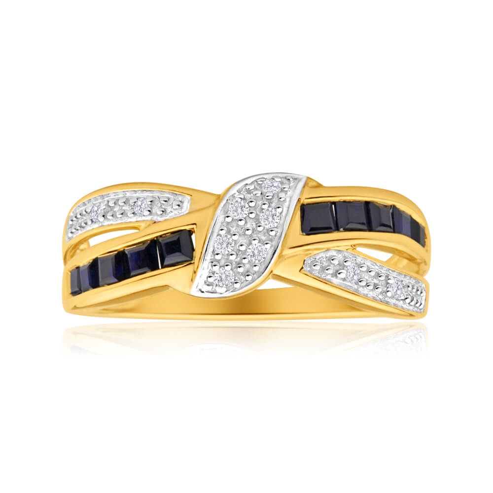Exquisite 9ct Yellow Gold Crossover Ring with Natural Sapphires and Diamonds