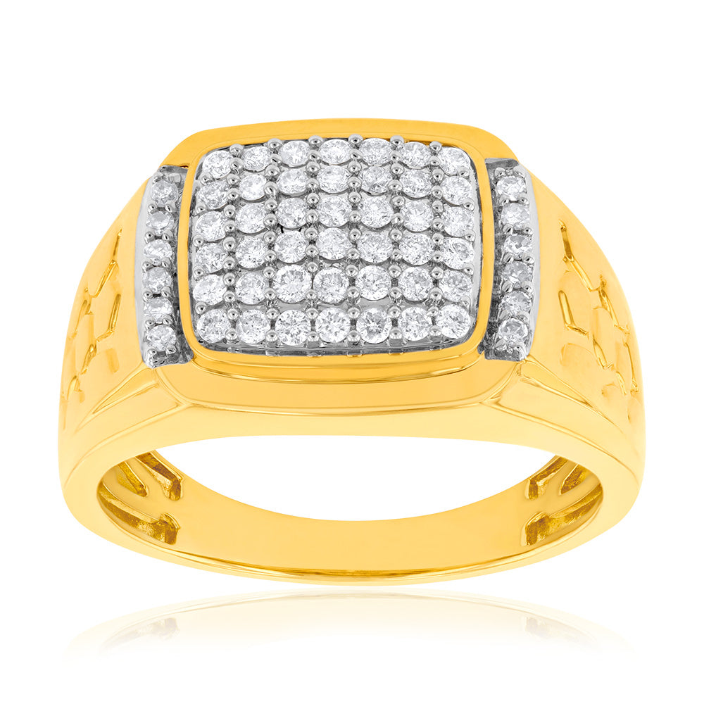 10-Carat Yellow Gold Men's Dress Ring Featuring a Half-Carat Diamond Cluster