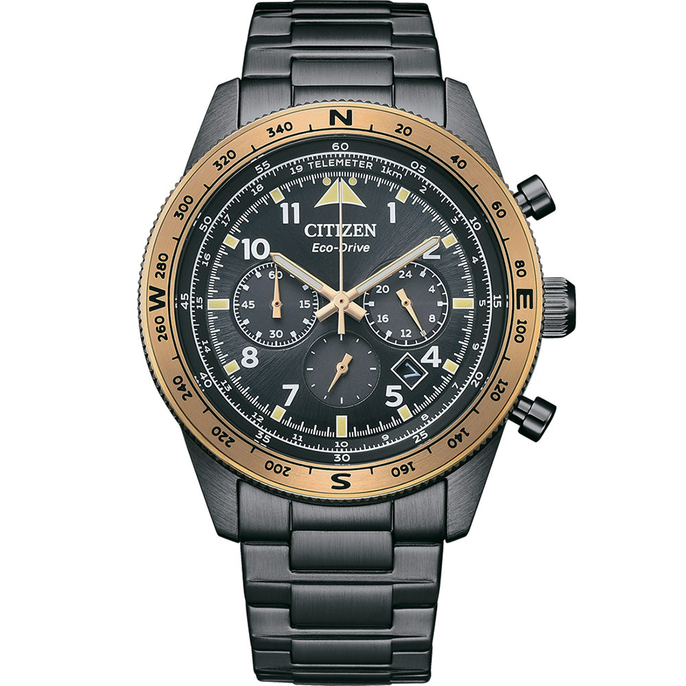 Citizen's Stylish Eco-Drive Chronograph Watch CA4556-89E with Gold Accents