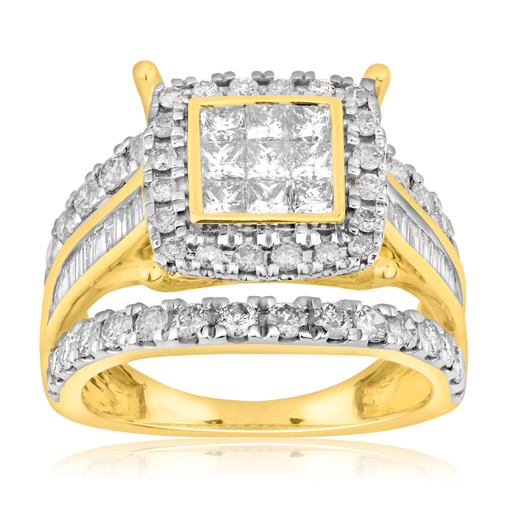 Stunning 9ct Yellow Gold 2-Carat Cushion-Shaped Cluster Diamond Ring