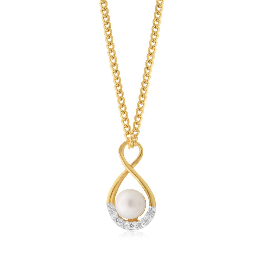 9ct Yellow Gold Freshwater Pearl and Cubic Zirconia Infinity Symbol Pendant for a Timeless Jewelry Piece