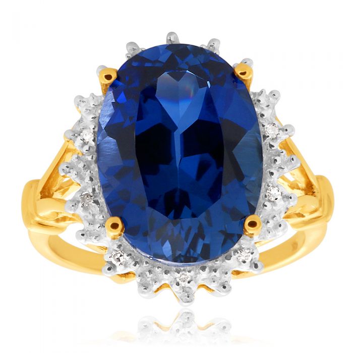 Exquisite 9ct Yellow Gold Ring Featuring Lab-Created Sapphire and Diamond Studs