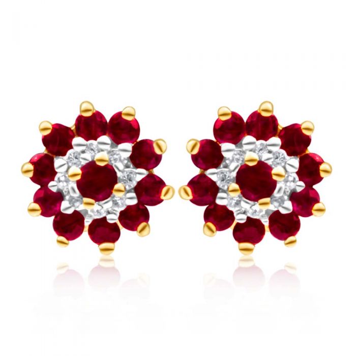 Stunning 9 Carat Yellow Gold Stud Earrings Featuring Natural Rubies and Diamonds in a Beautiful Flower Cluster Design