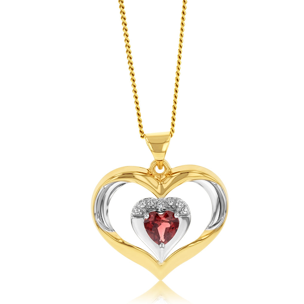 Stunning 9ct Yellow and White Gold Heart-shaped Garnet and Diamond Pendant Jewelry