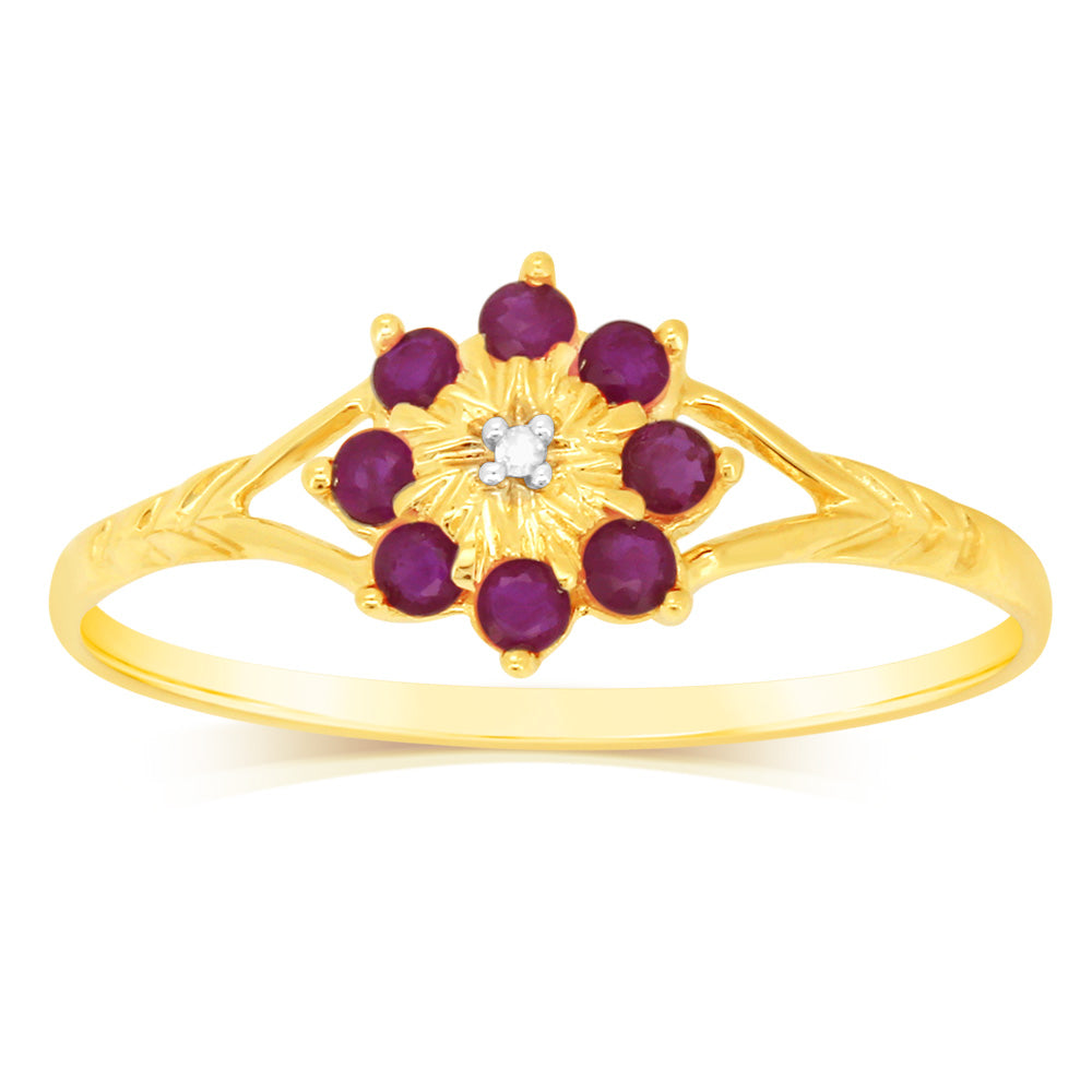 Stunning 9ct Yellow Gold Ring Featuring 0.5 Carat Natural Ruby and Sparkling Diamonds
