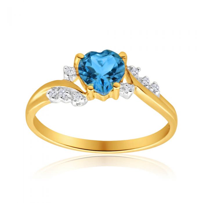 Exquisite 9 Carat Yellow Gold Heart-shaped Ring with Blue Topaz and Eight Sparkling Diamonds