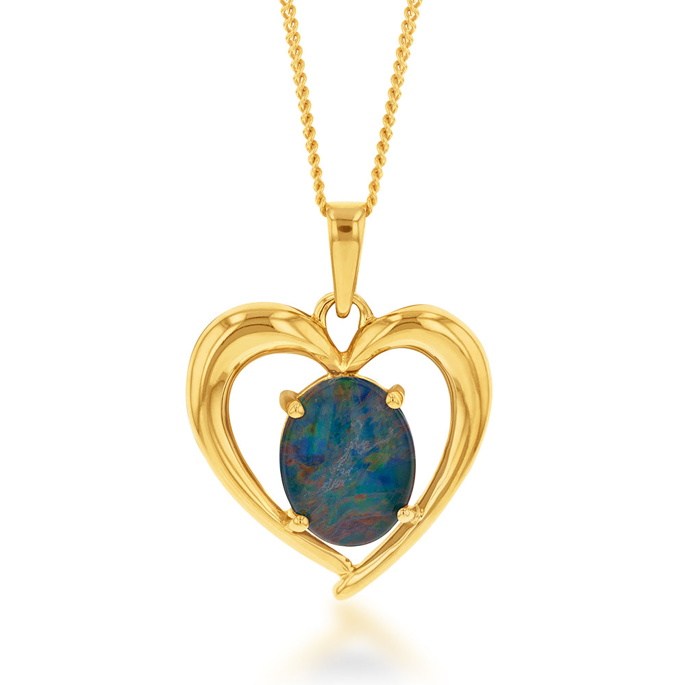 10x8mm 9ct Yellow Gold Heart-shaped Pendant with Natural Australian Opal