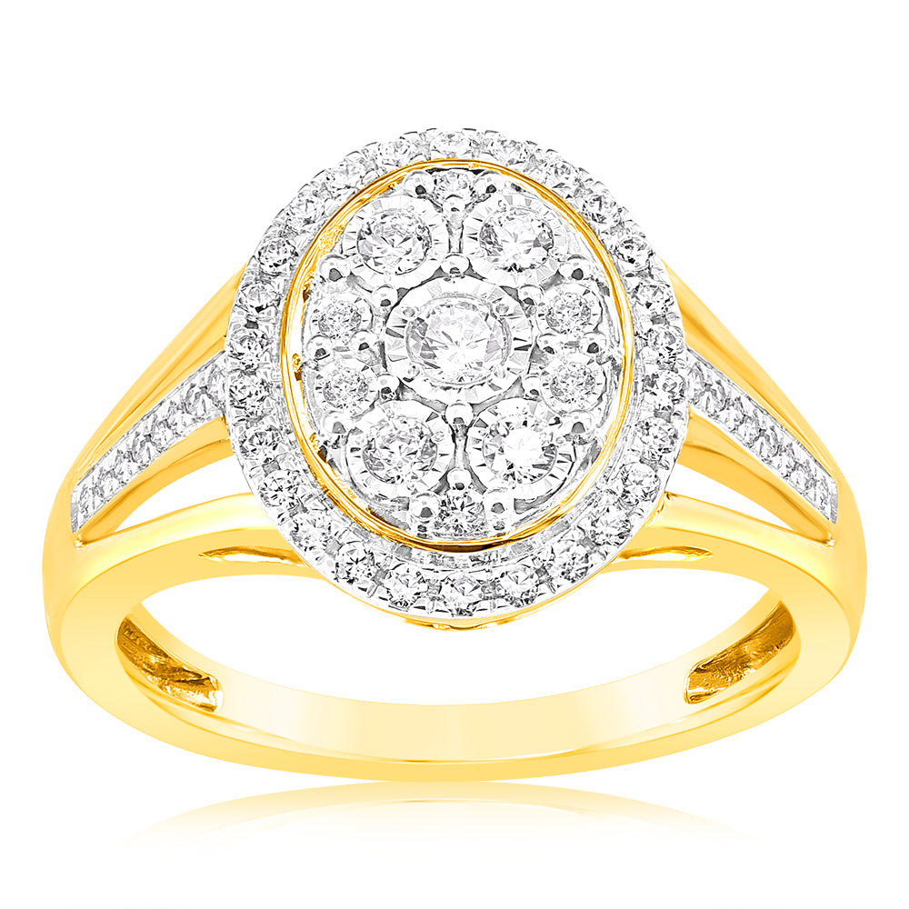 Exquisite 9ct Yellow Gold Engagement Ring Featuring 1/10 Carat of Diamonds Set with 64 Round Brilliant Cut Stones