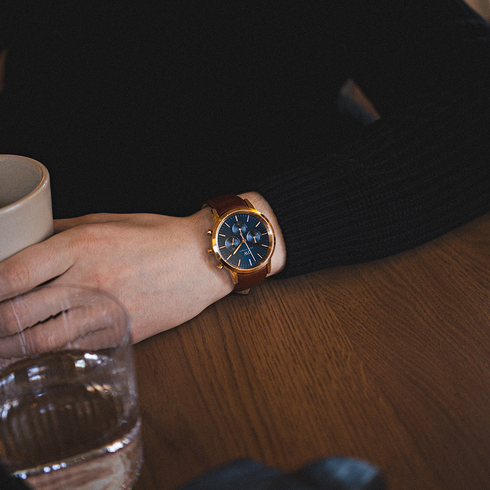 Daniel Wellington St Mawes Iconic Chronograph Watch Model DW00100639 with Arctic Blue Sunray Dial and Brown Leather Band