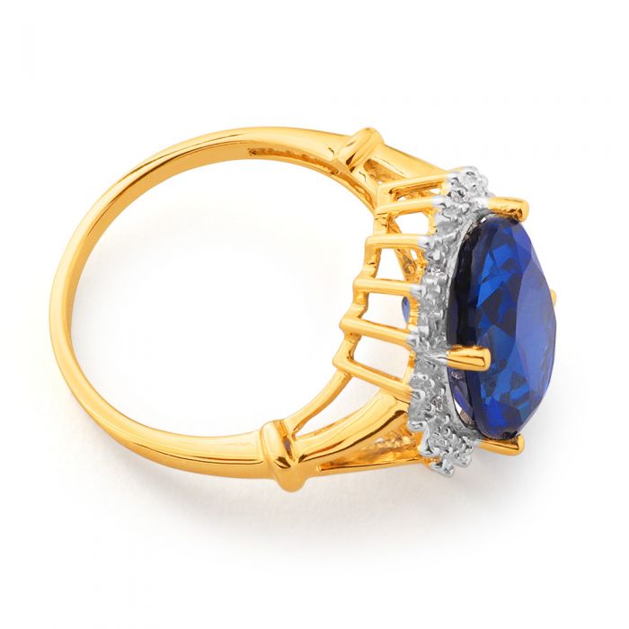 Exquisite 9ct Yellow Gold Ring Featuring Lab-Created Sapphire and Diamond Studs