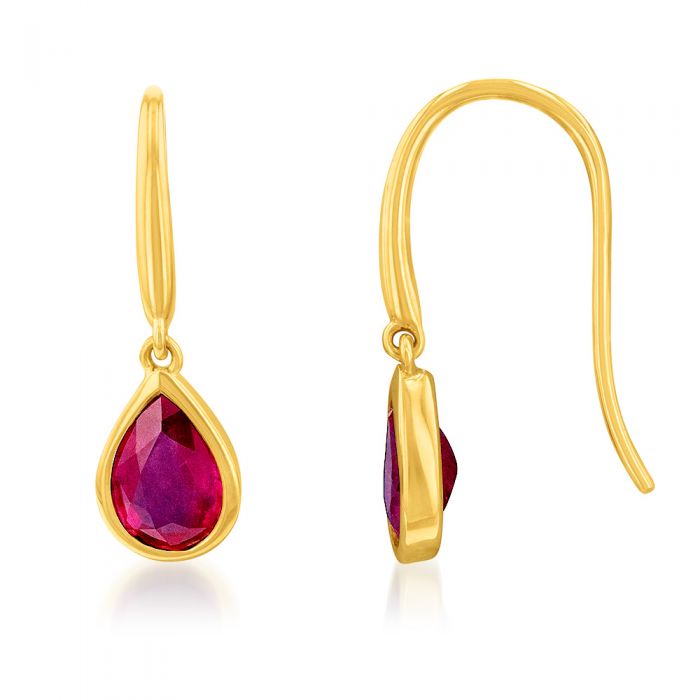 Exquisite 9ct Yellow Gold 2.00ct Natural Enhanced Ruby Pear - Drop Earrings for Elegance