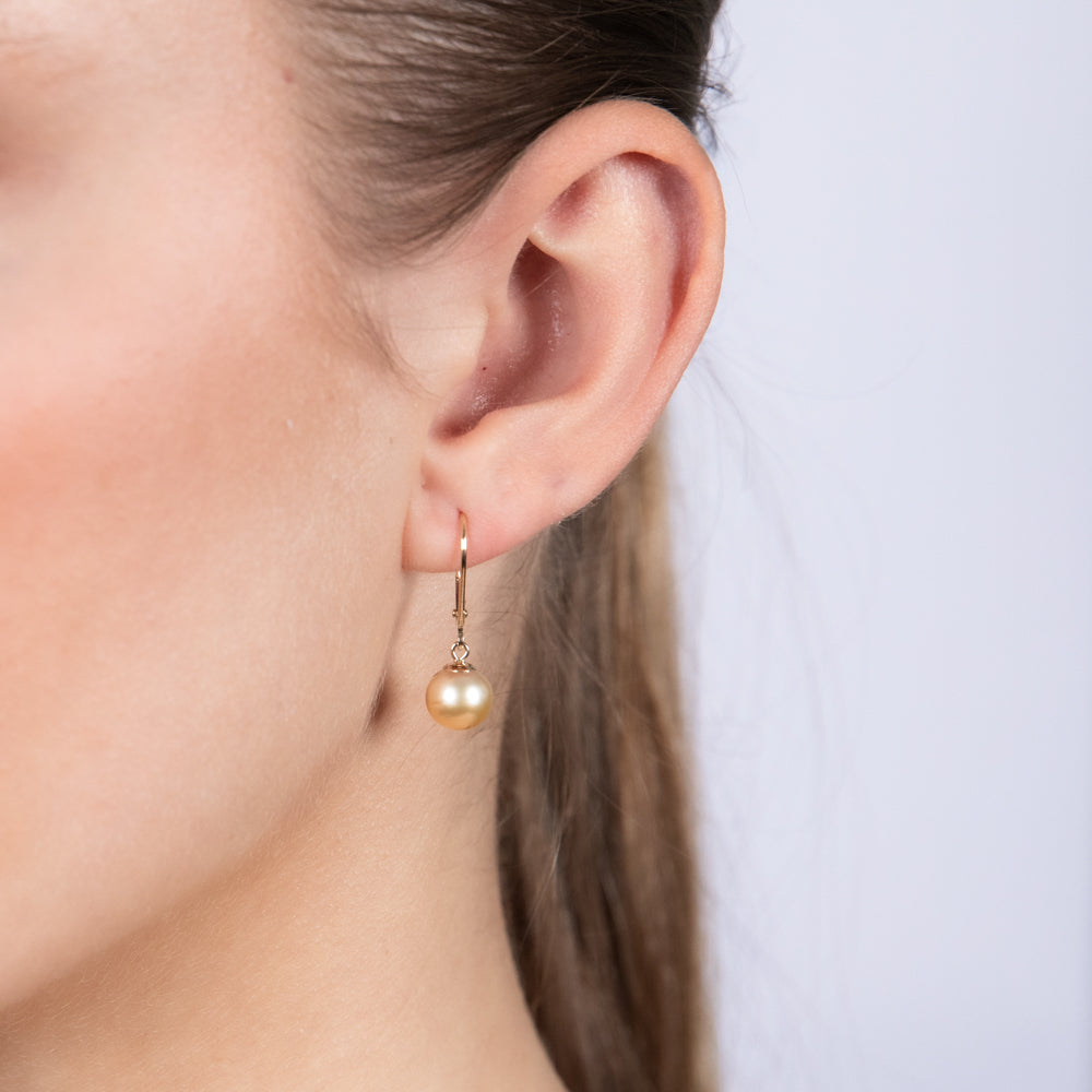 Exquisite 9 Carat Yellow Gold 8 - 9 Millimeter Golden South Sea Pearl Drop Earrings, a Jewelry Delight