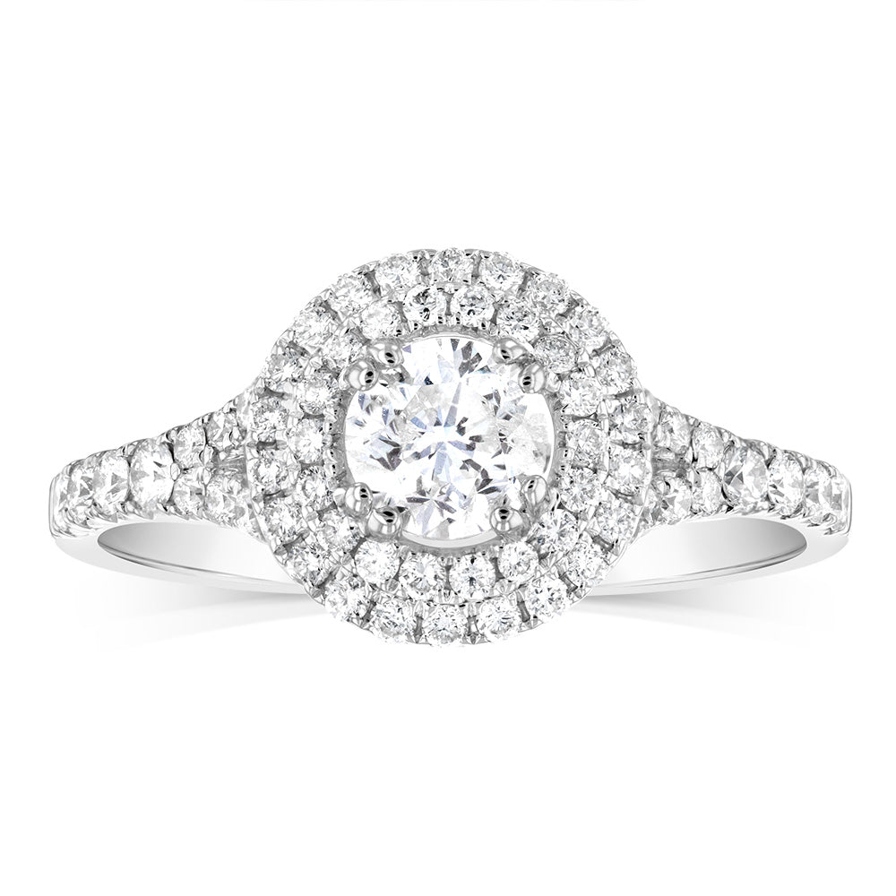 Exquisite 14 - carat White Gold Engagement Ring: 1 Carat Brilliant - cut Diamond Solitaire with Double Diamond Halo and Diamond - split Shank