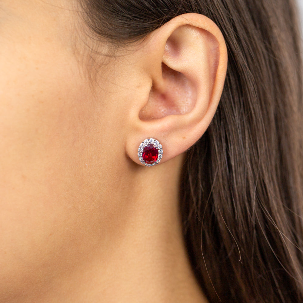 9ct Yellow Gold Oval Created Ruby Stud Earrings with Cubic Zirconia Halo