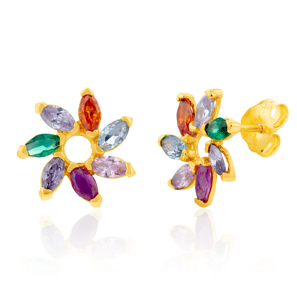 9ct Yellow Gold Stud Earrings Featuring Multi - Colored Gemstone Flowers
