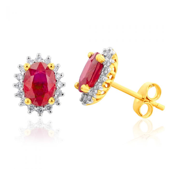 2.21ct Natural Enhanced Ruby and Diamond Studs in 9ct Yellow Gold