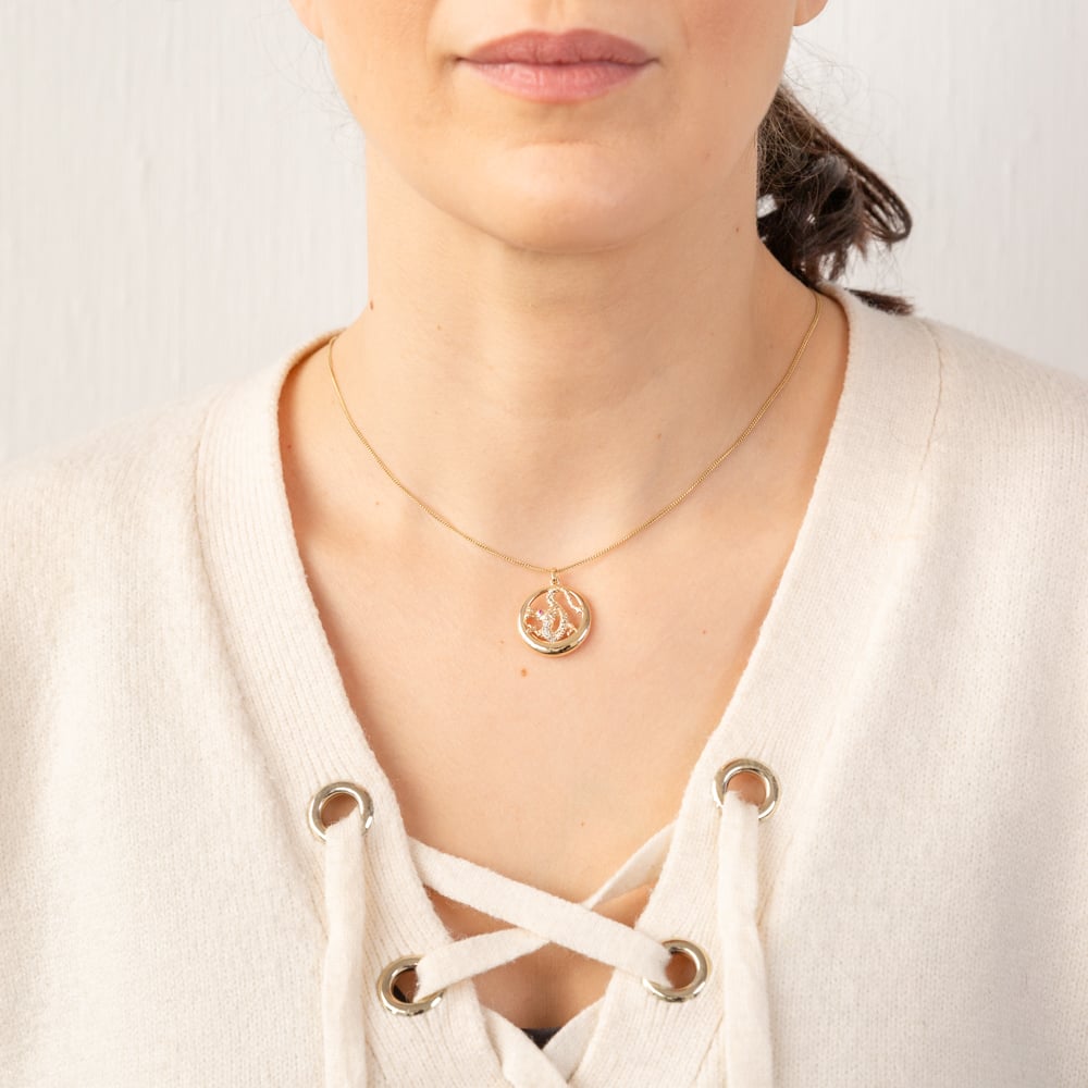Exquisite 9ct Yellow and White Gold Dragon Pendant Embellished with Created Rubies and Diamonds