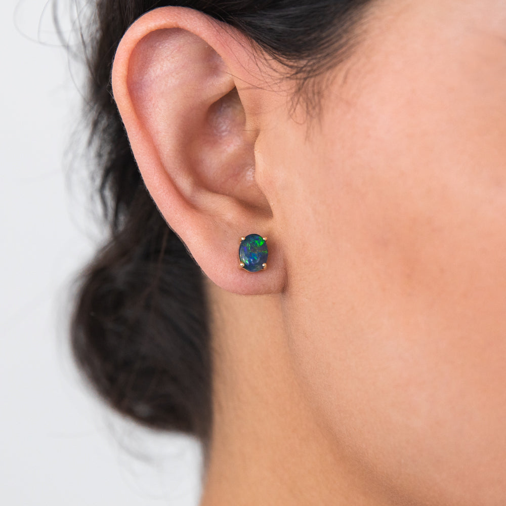 Stunning 9 Carat Yellow Gold Stud Earrings with 8x6mm Triplet Opal Gemstones