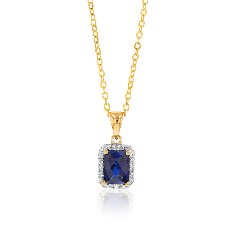 46cm Gold Plated Chain with 9ct Yellow Gold Pendant Set with Created Sapphires and Diamonds